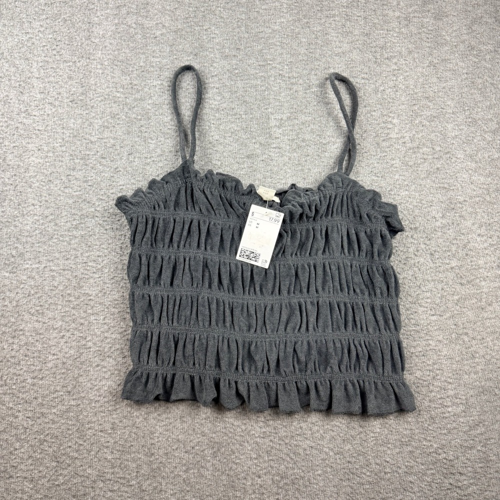 H&M Women's M Medium Gray Smocked Terry Cloth Camisole Crop Top 1081996-001